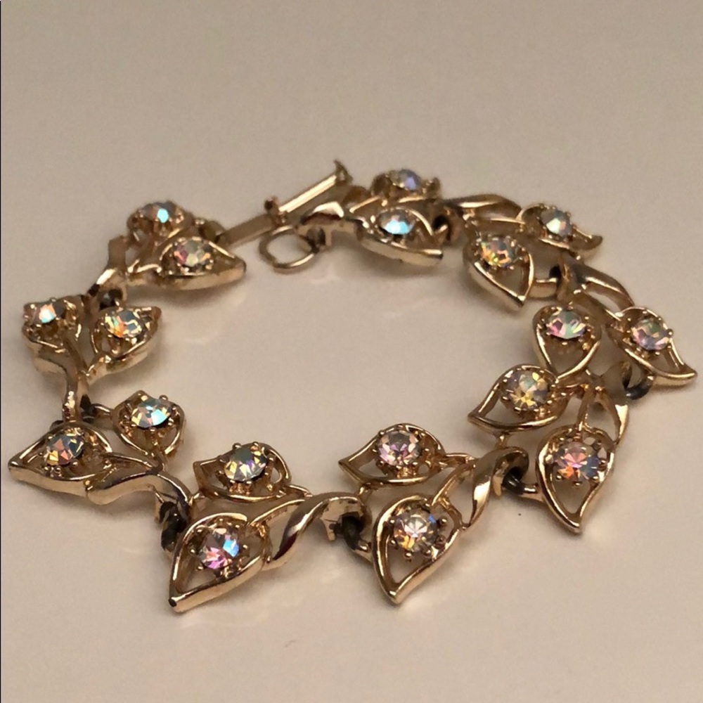 VINTAGE GOLD LEAVES OPALESCENT CRYSTAL BRACELET